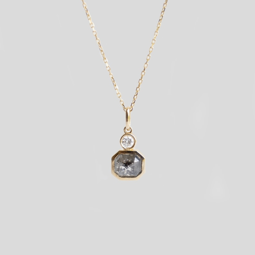 Natural Salt And Pepper 2.55 CT Emerald & Round Diamond Necklace