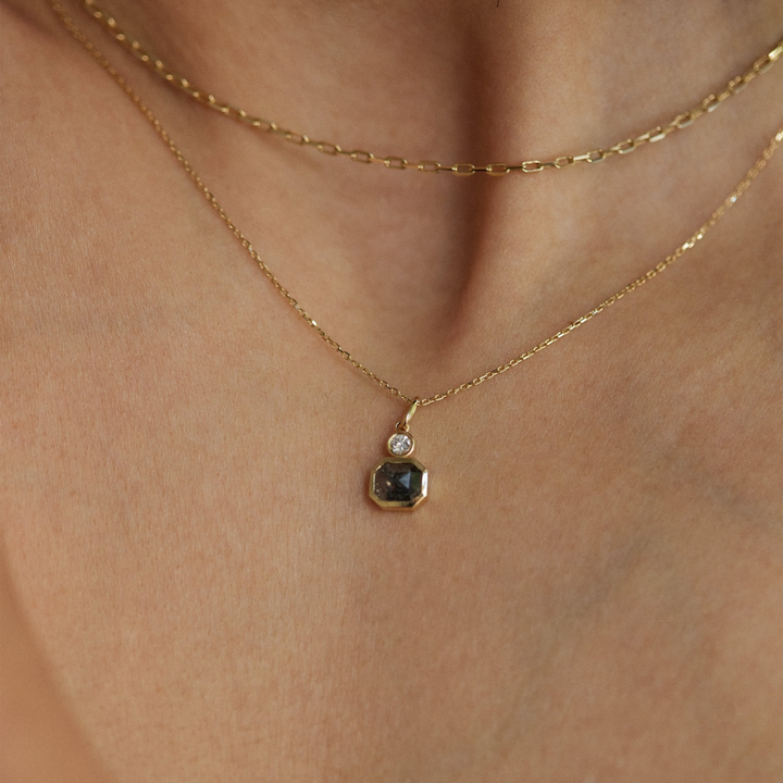 Natural Salt And Pepper 2.55 CT Emerald & Round Diamond Necklace
