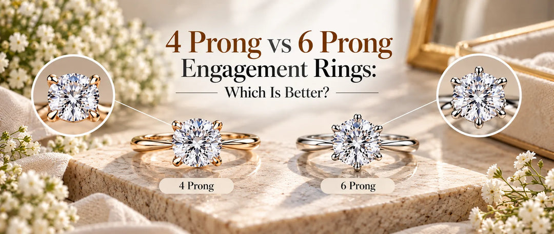 4 prong vs 6 prong engagement ring: Compare security, sparkle, stone shapes, daily comfort, and maintenance to find the setting that suits you best.
