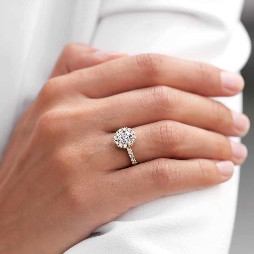 Golden Luxury: Less Diamond's Lab-Created Diamond Halo in 14KT Gold