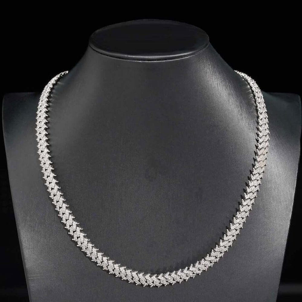 10MM Round Moissanite Cuban Link Chain 14K White Gold On Neck View 