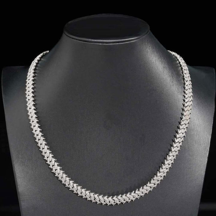 10MM Round Moissanite Cuban Link Chain 14K White Gold On Neck View 