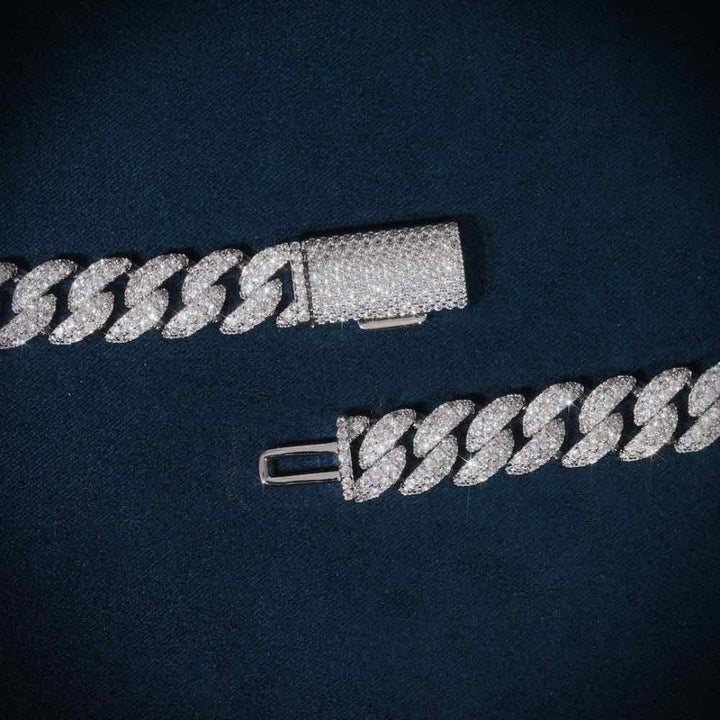10mm Round Moissanite Cuban Link Chain Glacial in 14K White Gold Clasp View