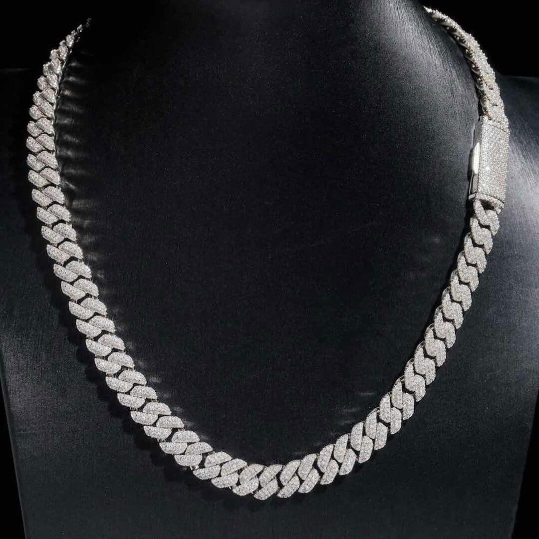 10mm Round Moissanite Cuban Link Frost Chain in 14K White Gold On Neck View 