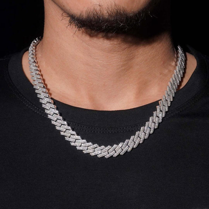 12mm Round Moissanite Cuban Link Chain in 14K Gold Close Up Neck View 