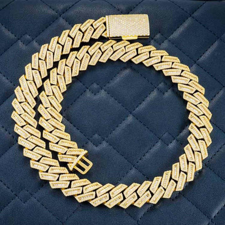 15mm Round Moissanite Cuban Link Chain in 14K Yellow Gold Close Up Front View
