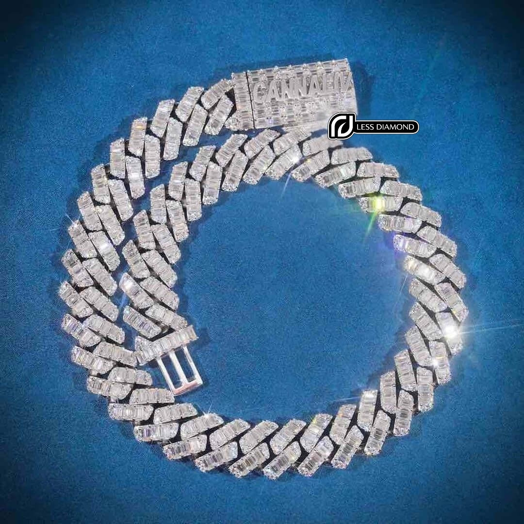 18mm Baguette Moissanite Cuban Link Chain in 14K White Gold Front View