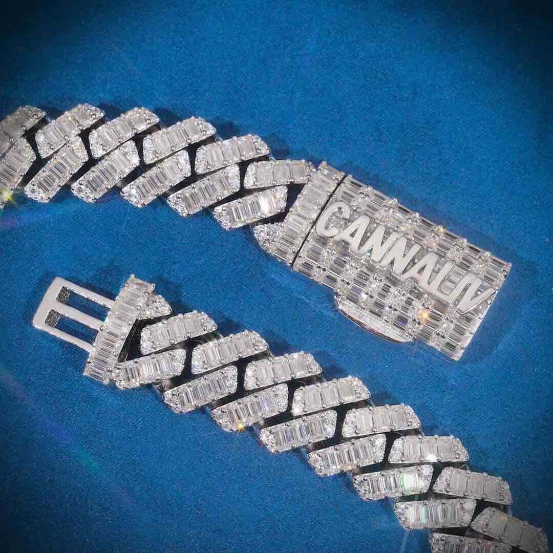 18mm Baguette Moissanite Cuban Link Chain in 14K White Gold On Clasp View