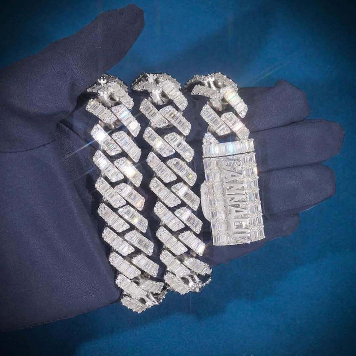 18mm Baguette Moissanite Cuban Link Chain in 14K White Gold On Hand View