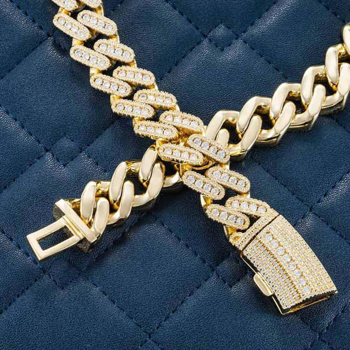 18mm Round Moissanite Cuban Link Chain in 14K Yellow Gold Close Up Front View