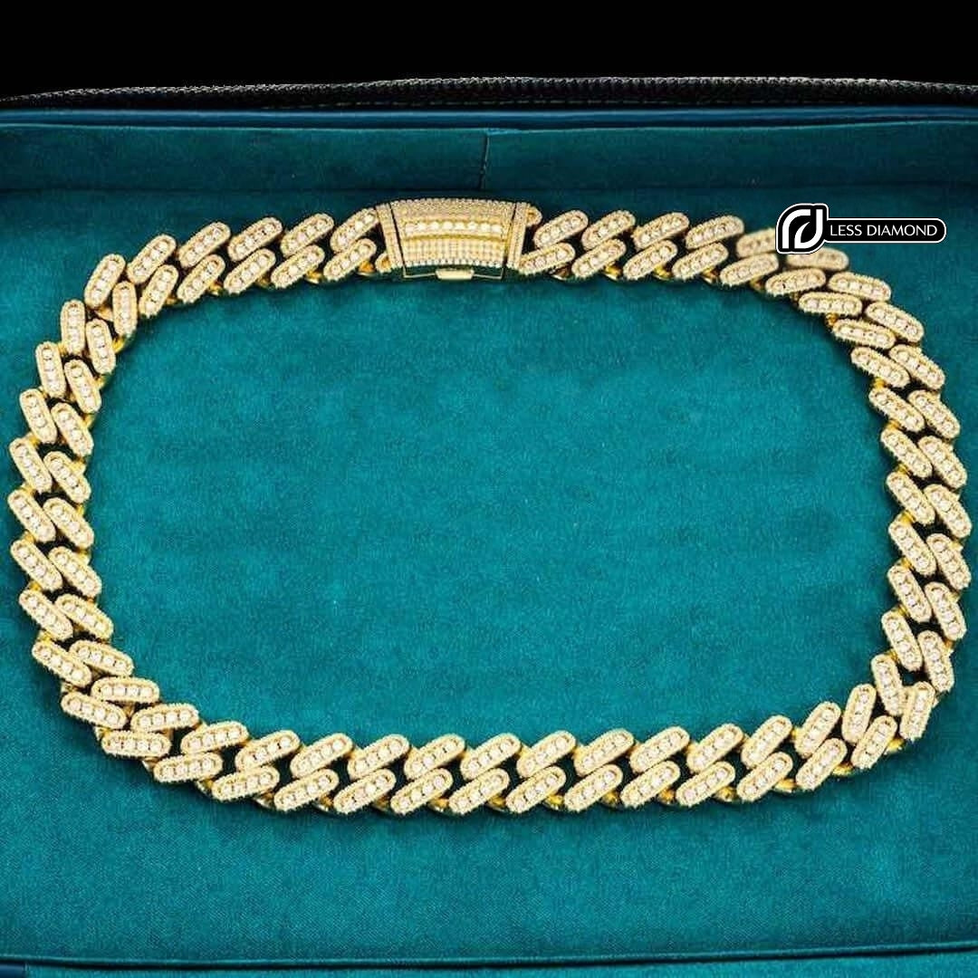 18mm Round Moissanite Cuban Link Chain in 14K Yellow Gold Front View