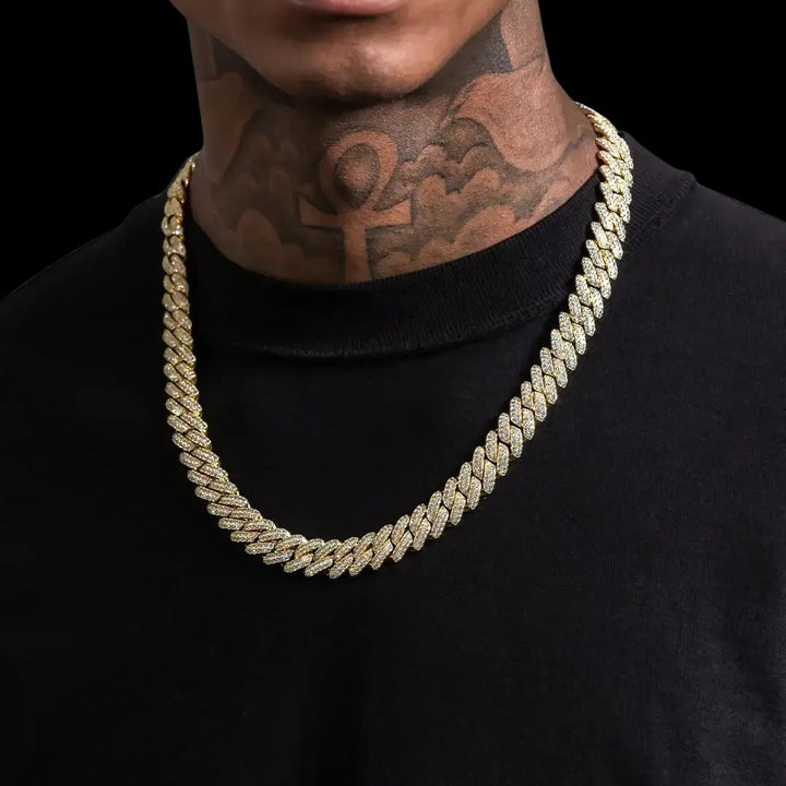 20mm Round Moissanite Cuban Link Chain in 14K Yellow Gold On Neck View 