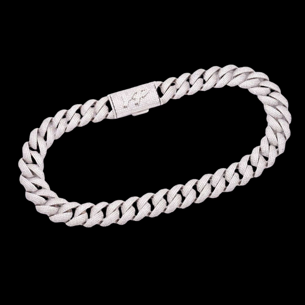 22mm Round Moissanite Cuban Link Chain Gold Twist in 14K White Gold Close Up Front View
