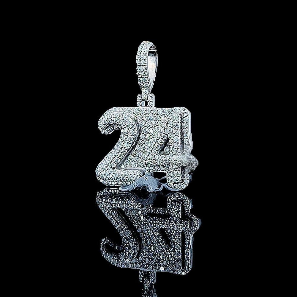 24 Iced Number Moissanite Pendant in 925 Sterling Silver Close Up Front View