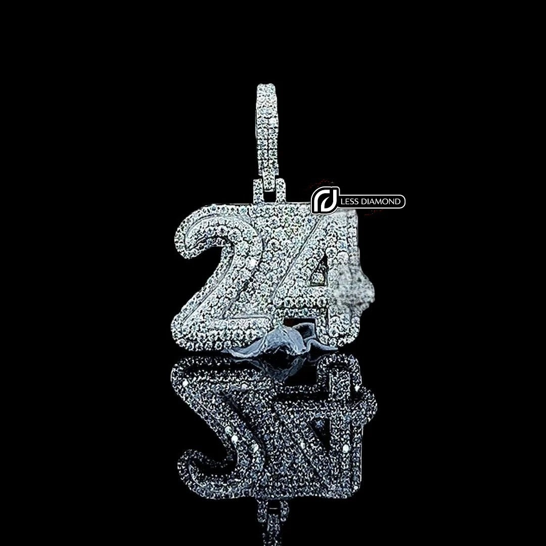 24 Iced Number Moissanite Pendant in 925 Sterling Silver Front View
