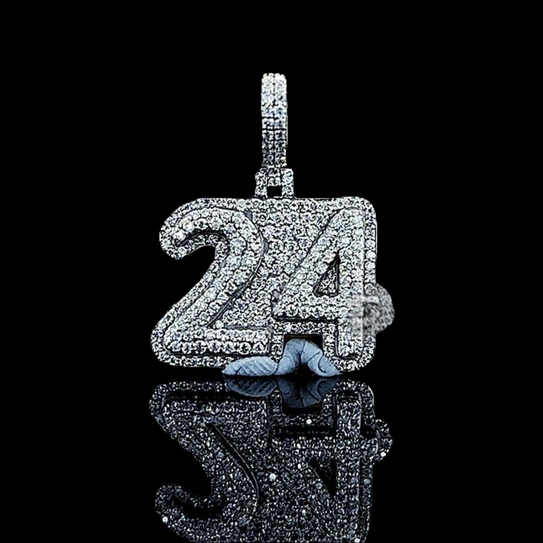 24 Iced Number Moissanite Pendant in 925 Sterling Silver Full Close Up Front View