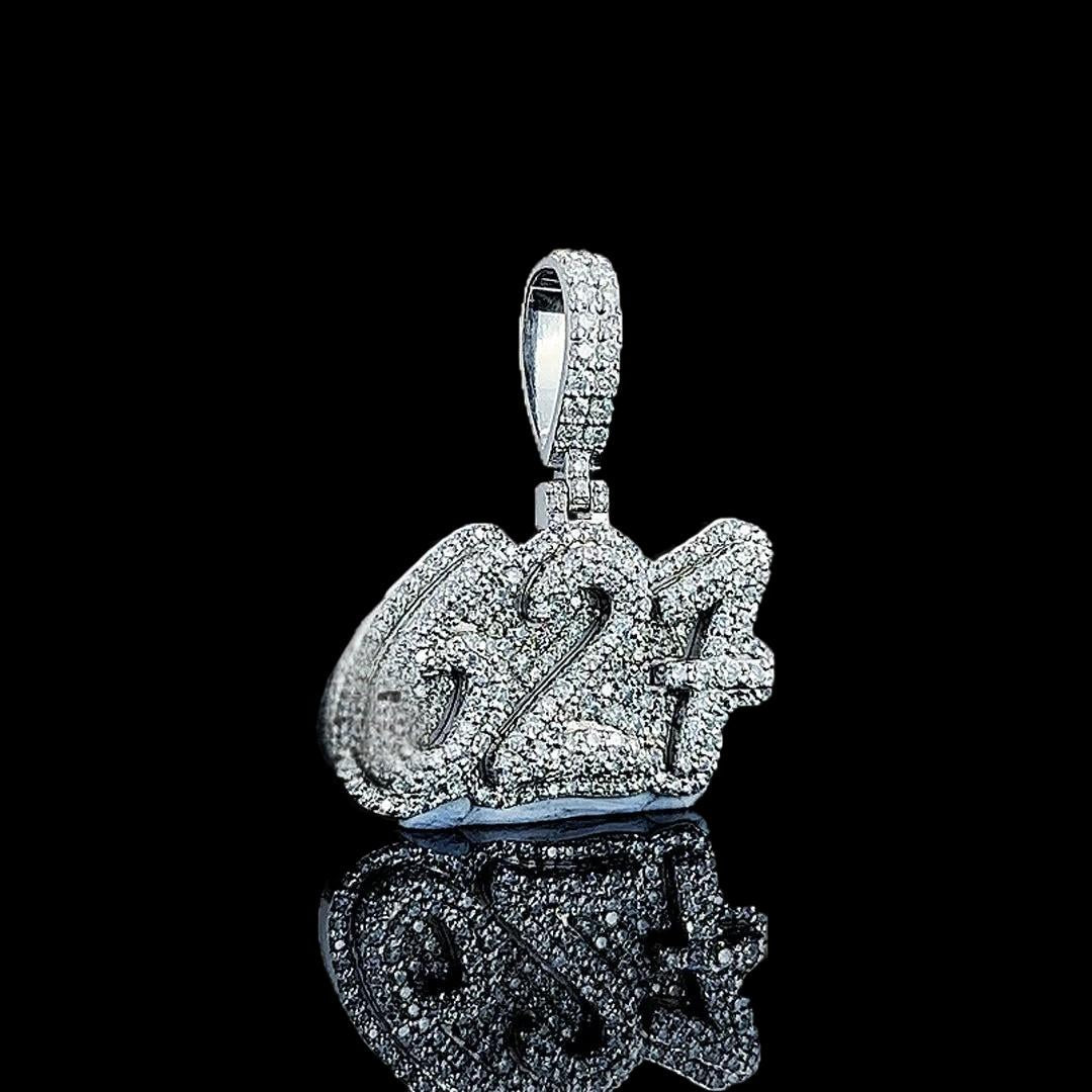 627 Iced Number Moissanite Pendant in 925 Sterling Silver Close Up Front View