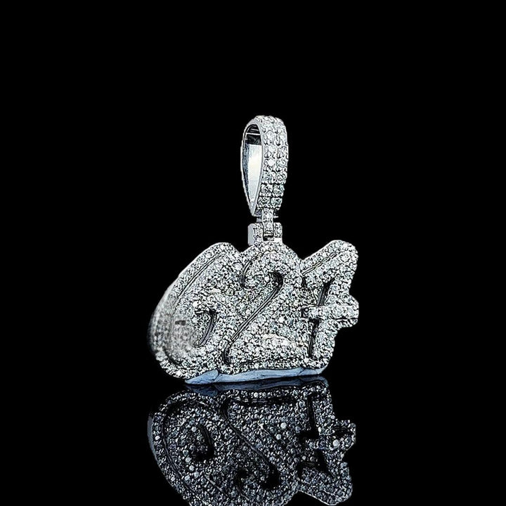 627 Iced Number Moissanite Pendant in 925 Sterling Silver Close Up Front View