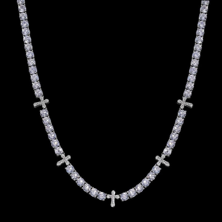 Round Moissanite Cross Accent Tennis Necklace in 14K White Gold