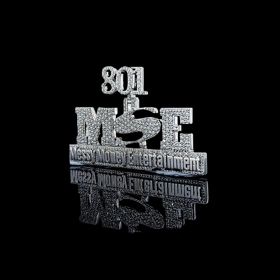 801 MSE Iced Letter Number Moissanite Pendant in 925 Sterling Silver Left Profile View