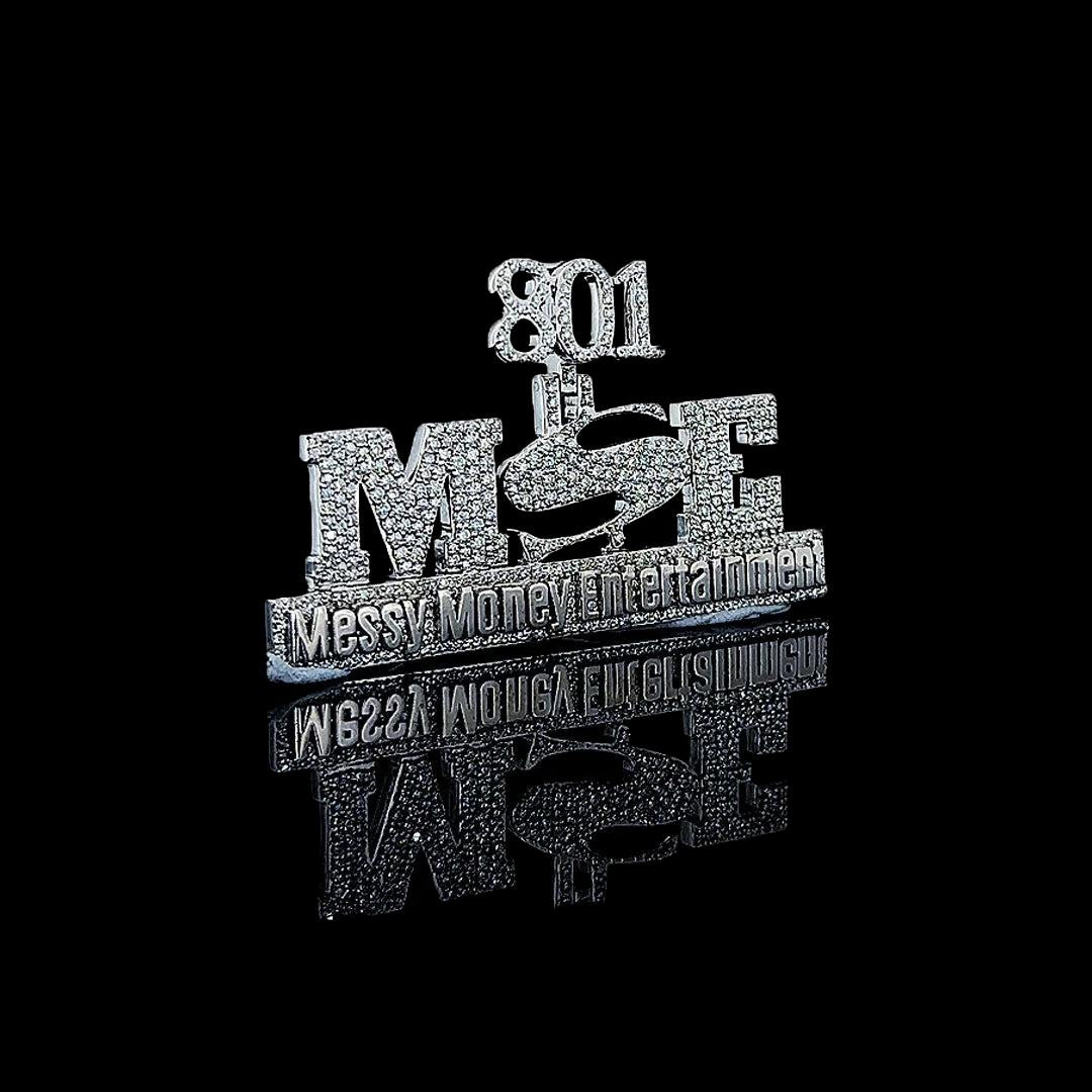 801 MSE Iced Letter Number Moissanite Pendant in 925 Sterling Silver Right Profile View