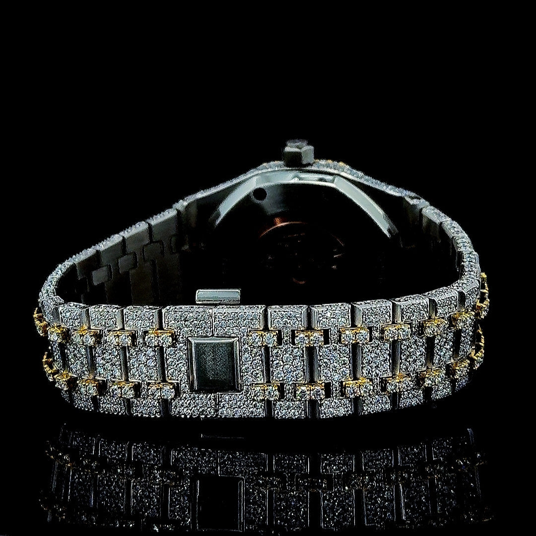 AP Black Stick Markers Dial Two Tone Yellow Gold Fully Iced Out Moissanite Watch Caseback View