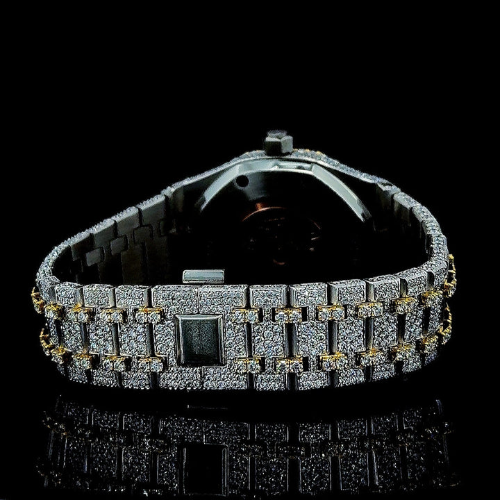 AP Black Stick Markers Dial Two Tone Yellow Gold Fully Iced Out Moissanite Watch Caseback View