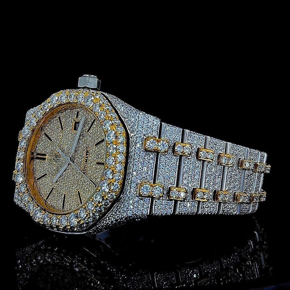 AP Black Stick Markers Dial Two Tone Yellow Gold Fully Iced Out Moissanite Watch Left Profile View