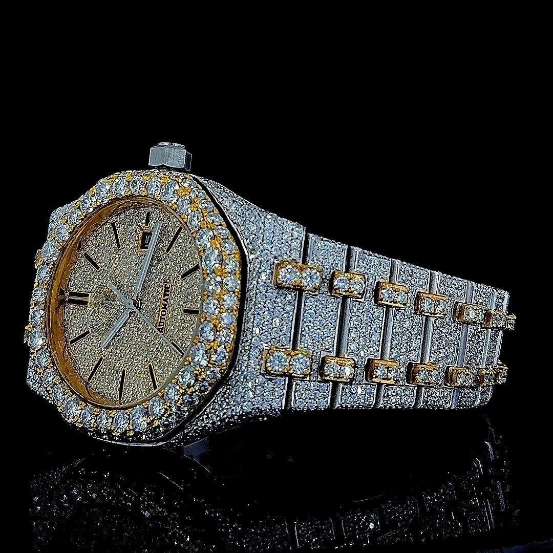 AP Black Stick Markers Dial Two Tone Yellow Gold Fully Iced Out Moissanite Watch Left Profile View