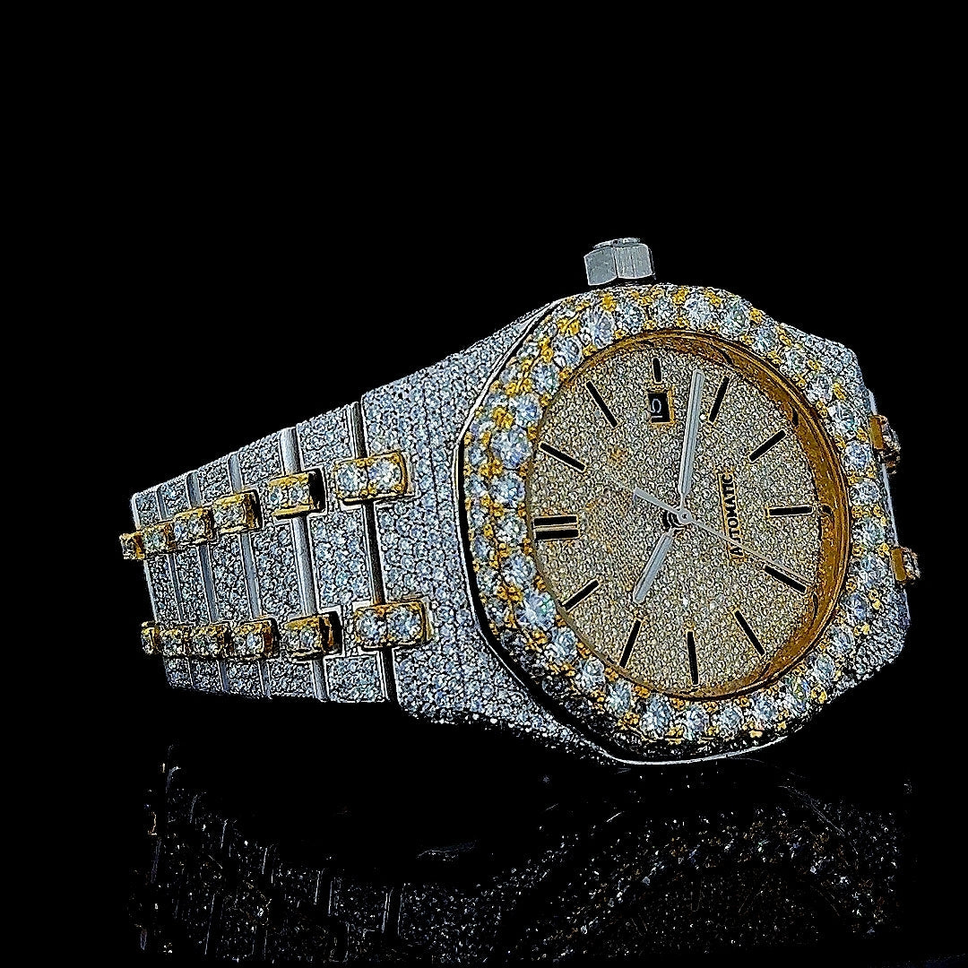AP Black Stick Markers Dial Two Tone Yellow Gold Fully Iced Out Moissanite Watch Right Profile View