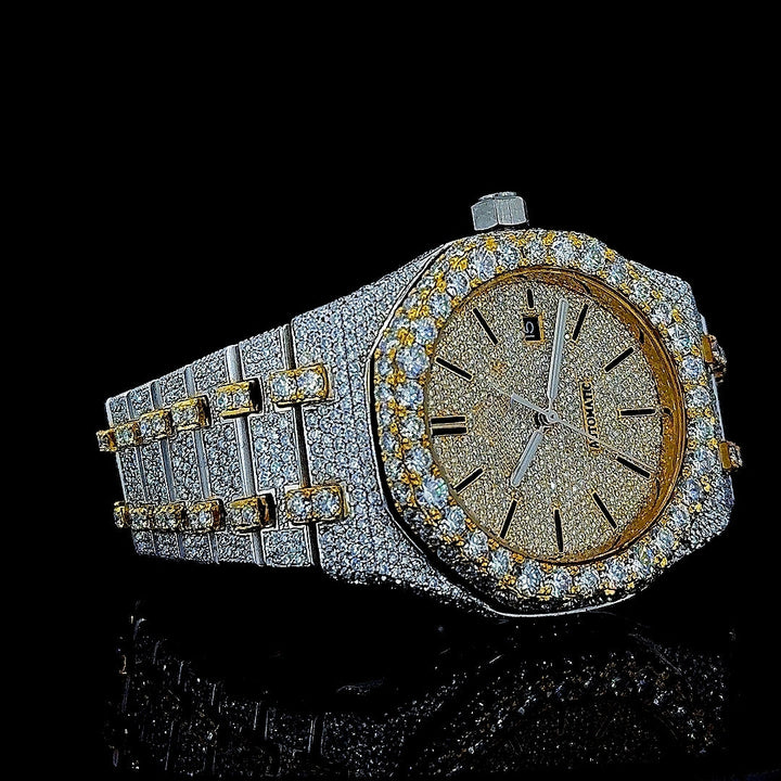 AP Black Stick Markers Dial Two Tone Yellow Gold Fully Iced Out Moissanite Watch Right Profile View