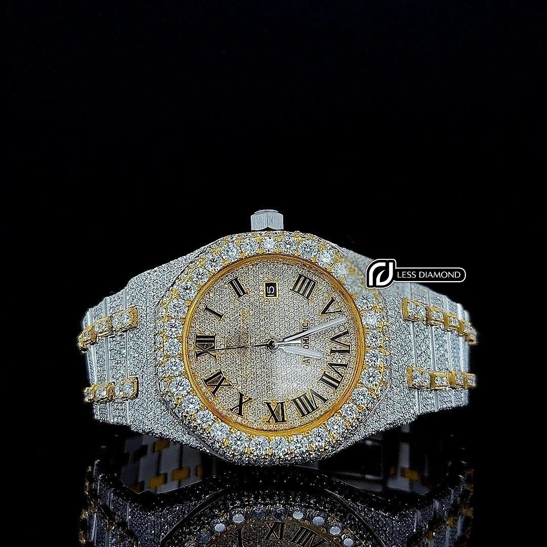 AP Roman Dial Two Tone Yellow Gold Fully Iced Out Moissanite Watch Front View
