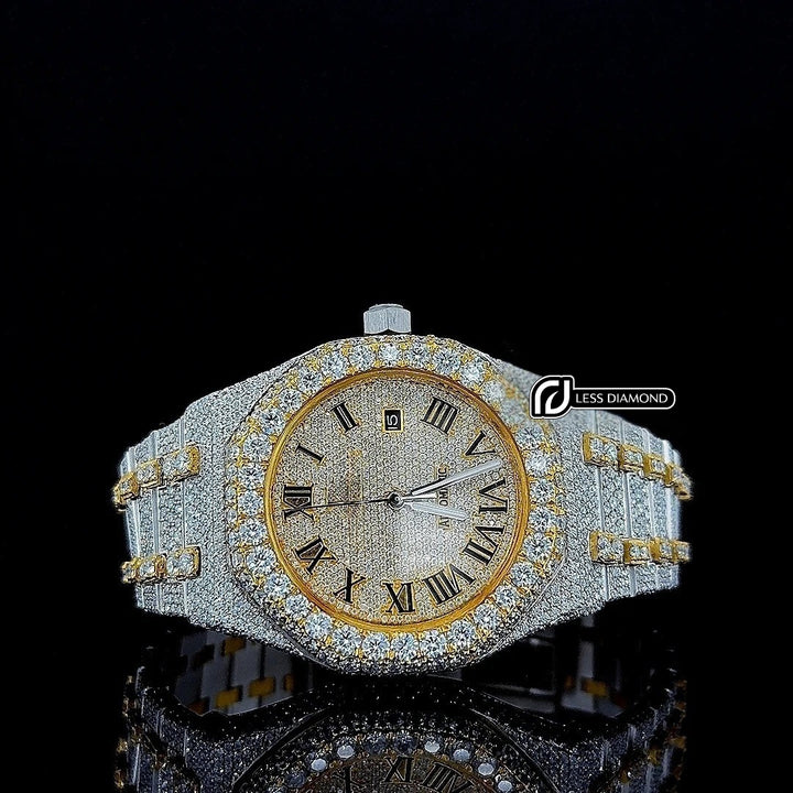 AP Roman Dial Two Tone Yellow Gold Fully Iced Out Moissanite Watch Front View