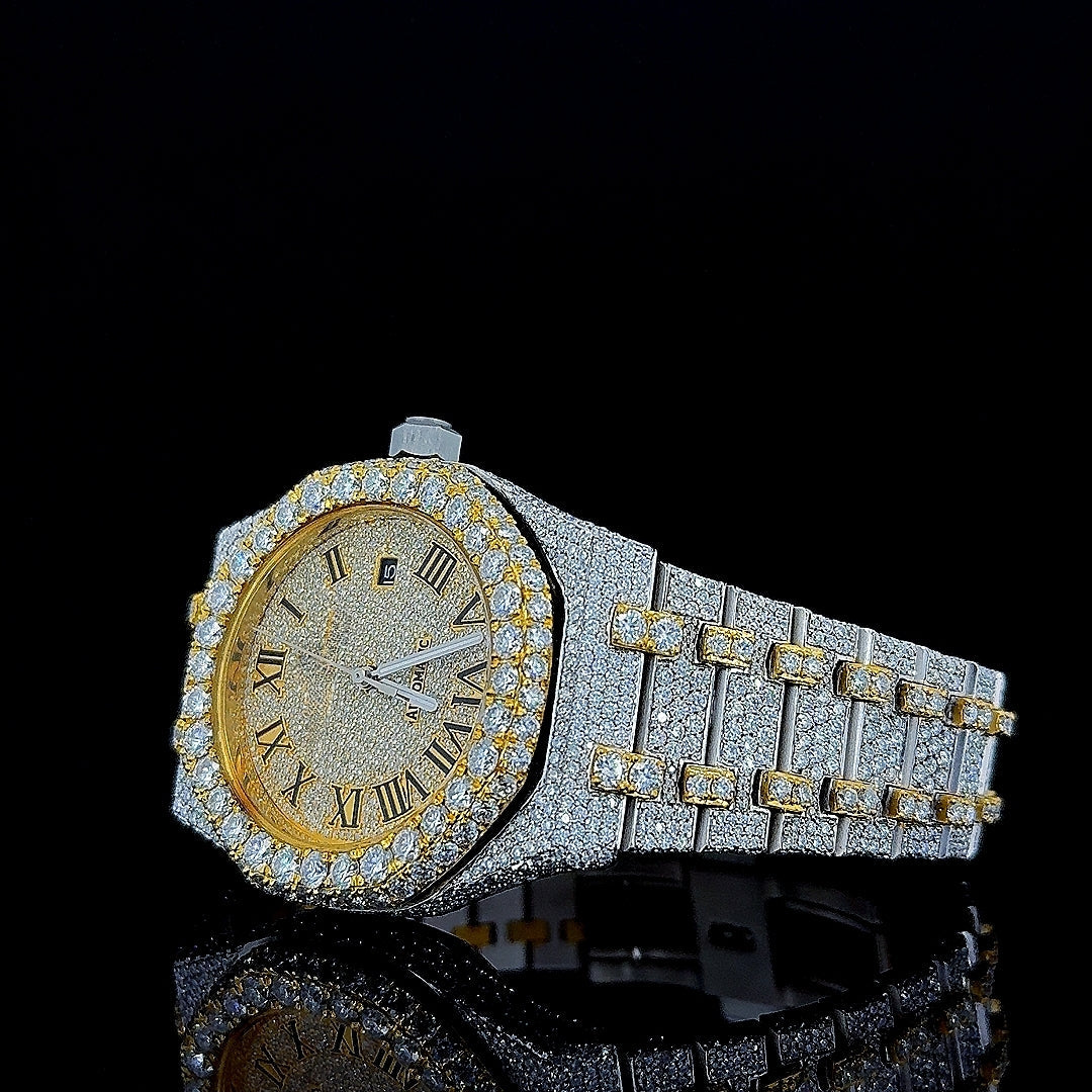 AP Roman Dial Two Tone Yellow Gold Fully Iced Out Moissanite Watch Left Profile View
