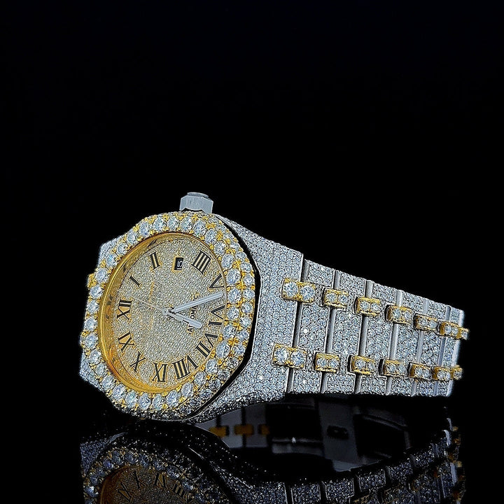 AP Roman Dial Two Tone Yellow Gold Fully Iced Out Moissanite Watch Left Profile View