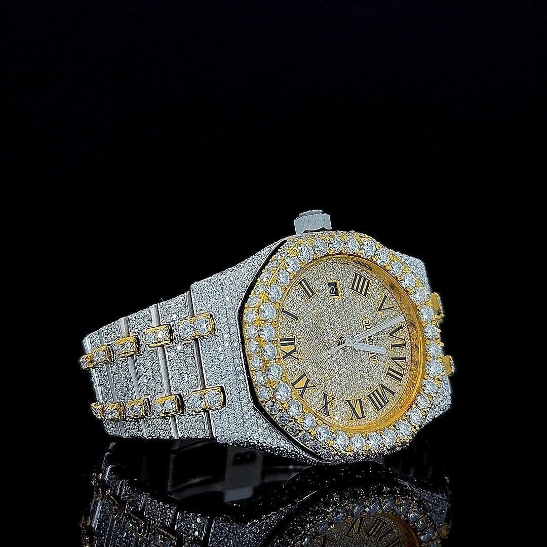 AP Roman Dial Two Tone Yellow Gold Fully Iced Out Moissanite Watch Right Profile View