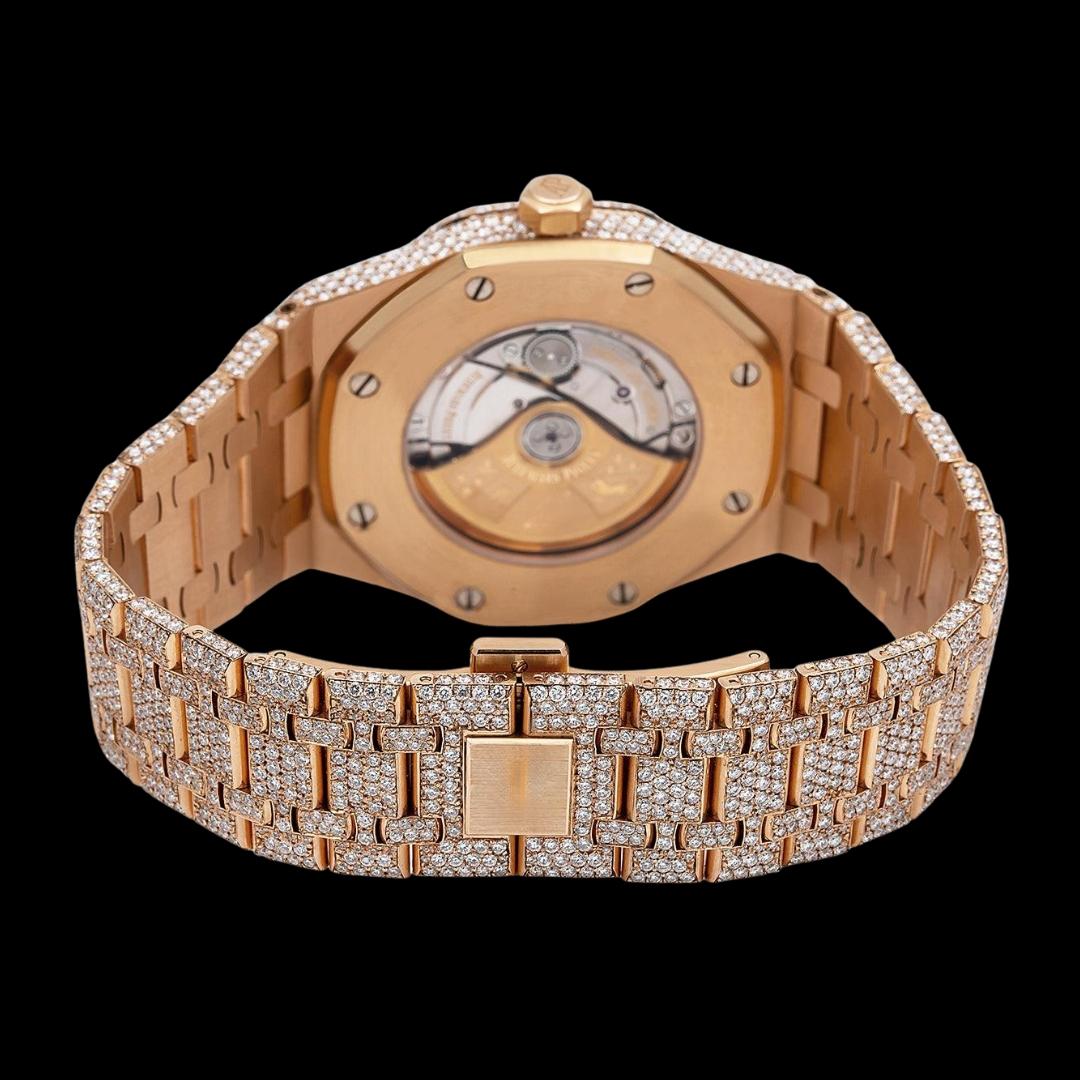 AP Royal Oak Arabic Dial Diamond Bezel Fully Iced Out Rose Gold Moissanite Watch Caseback View
