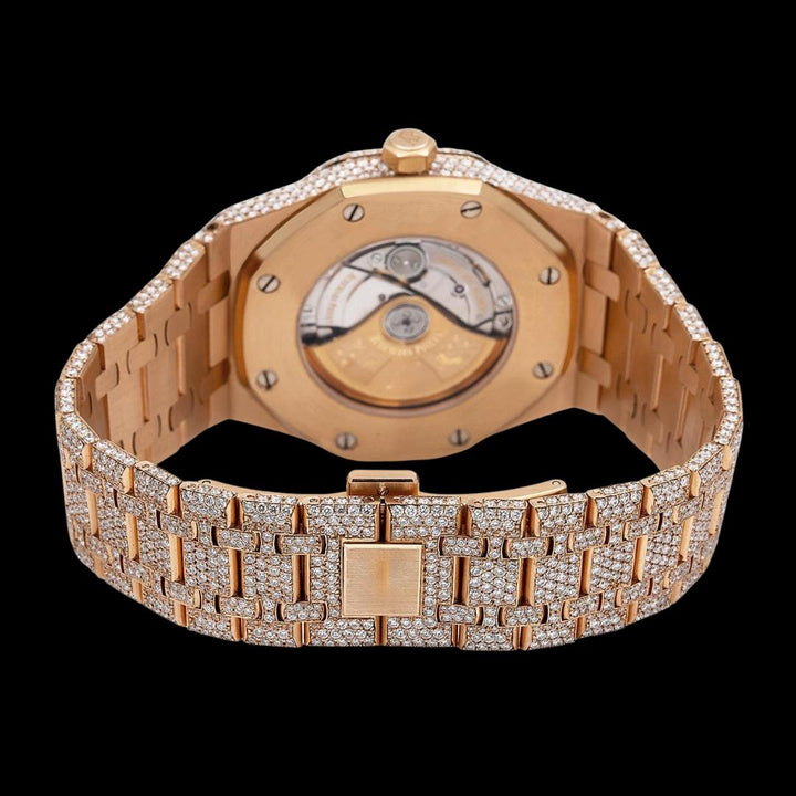 AP Royal Oak Arabic Dial Diamond Bezel Fully Iced Out Rose Gold Moissanite Watch Caseback View