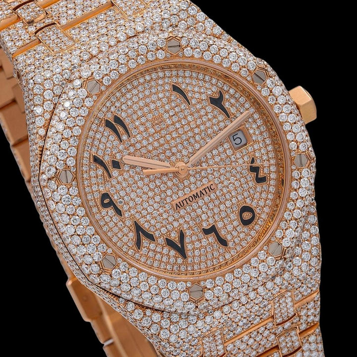 AP Royal Oak Arabic Dial Diamond Bezel Fully Iced Out Rose Gold Moissanite Watch Close Up Dial View