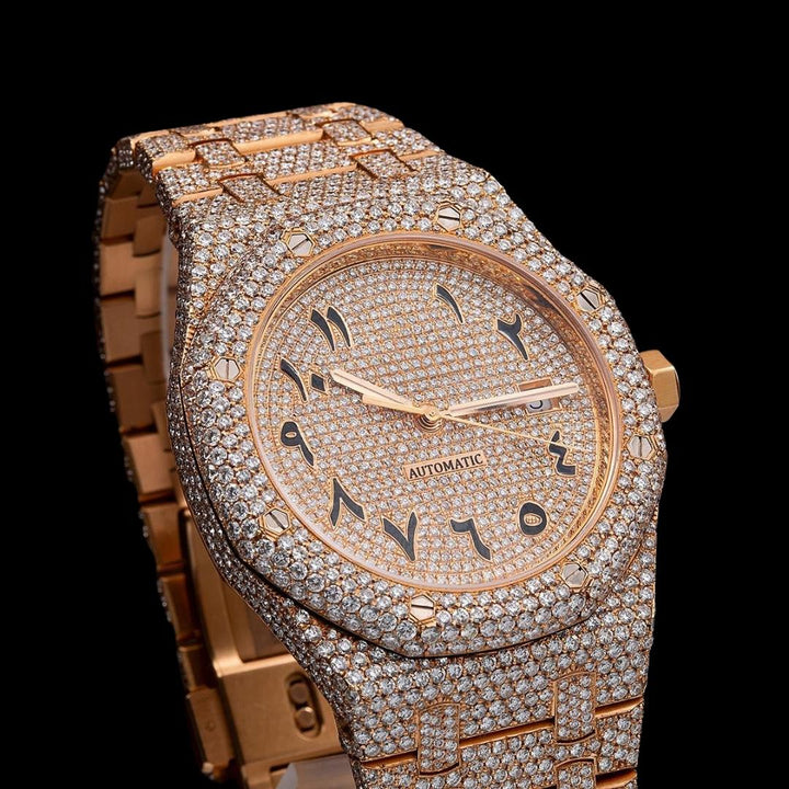 AP Royal Oak Arabic Dial Diamond Bezel Fully Iced Out Rose Gold Moissanite Watch Close Up Front View