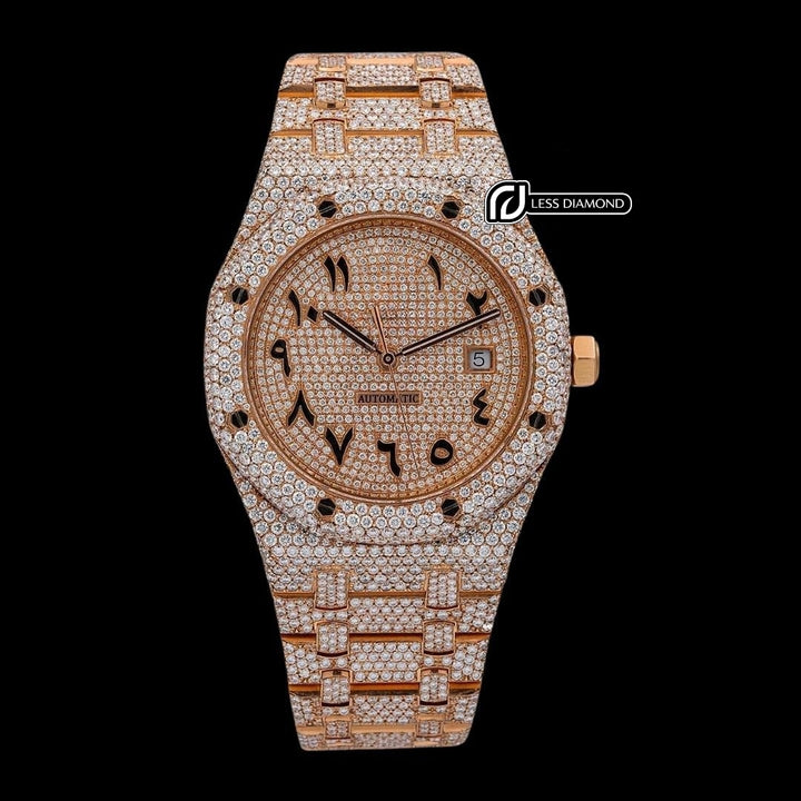 AP Royal Oak Arabic Dial Diamond Bezel Fully Iced Out Rose Gold Moissanite Watch Front View