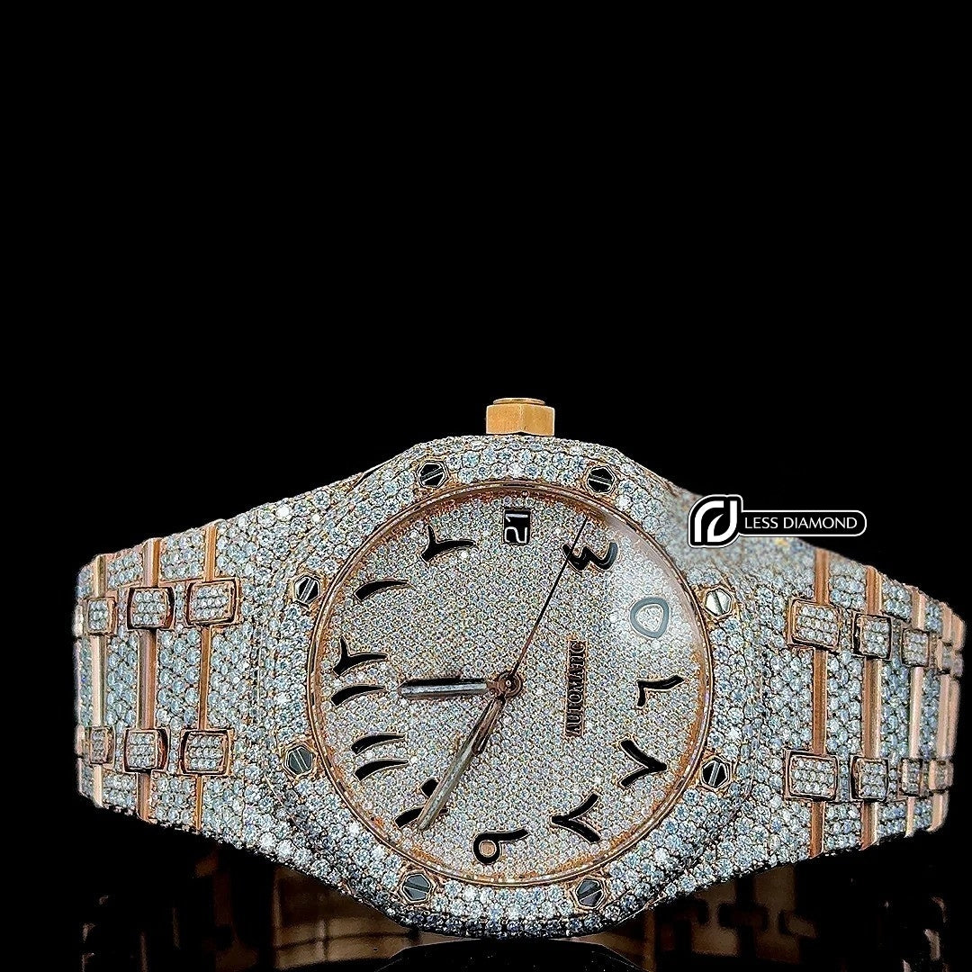 AP Royal Oak Arabic Dial Fully Iced Out Rose Gold Moissanite Watch Front View