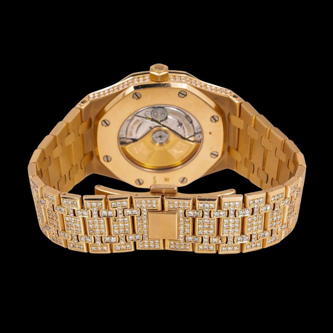 AP Royal Oak Arabic Numerals Dial Diamond Bezel Fully Iced Out Rose Gold Moissanite Watch Caseback View
