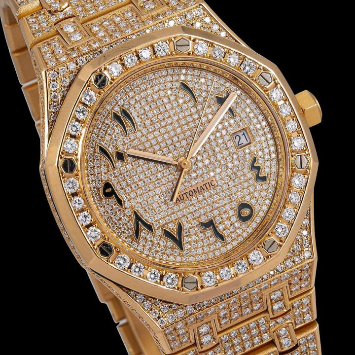 AP Royal Oak Arabic Numerals Dial Diamond Bezel Fully Iced Out Rose Gold Moissanite Watch Close Up Dial View