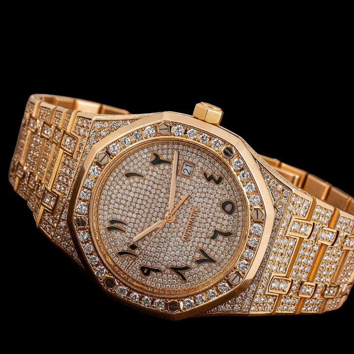 AP Royal Oak Arabic Numerals Dial Diamond Bezel Fully Iced Out Rose Gold Moissanite Watch Close Up Front View
