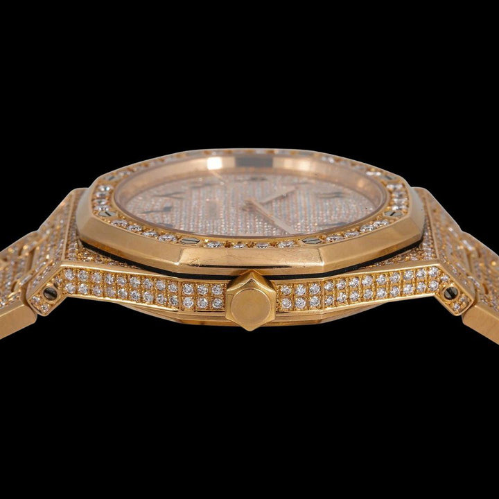 AP Royal Oak Arabic Numerals Dial Diamond Bezel Fully Iced Out Rose Gold Moissanite Watch Crown View