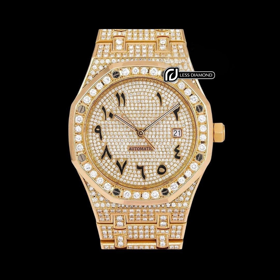 AP Royal Oak Arabic Numerals Dial Diamond Bezel Fully Iced Out Rose Gold Moissanite Watch Front View