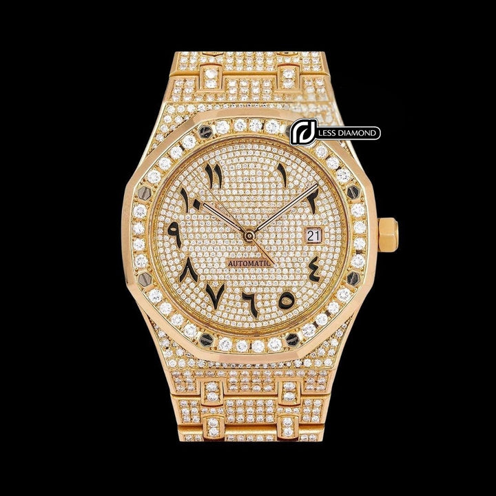 AP Royal Oak Arabic Numerals Dial Diamond Bezel Fully Iced Out Rose Gold Moissanite Watch Front View