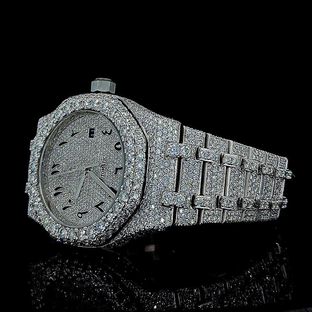 AP Royal Oak Arabic Numerals Dial Fully Iced Out Moissanite Watch Left Profile View