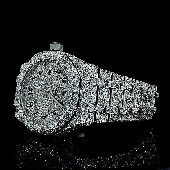 AP Royal Oak Arabic Numerals Dial Fully Iced Out Moissanite Watch Left Profile View